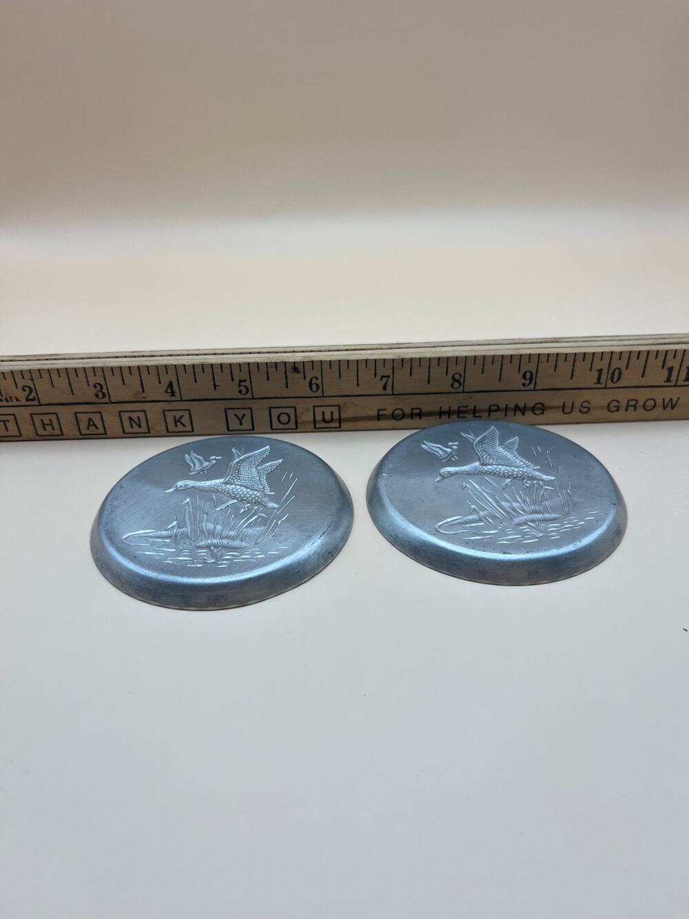 Set of 2 Vintage Silver Aluminum Dishes Coasters Flying Duck Cattails Embossed
